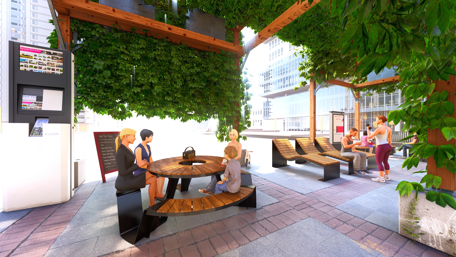 3d-Rendering einer Klimainsel am Hauptplatz in Linz: Mit Kletterpflanzen begrünte Holzgerüste, darunter Menschen, die den Schatten genießen.
